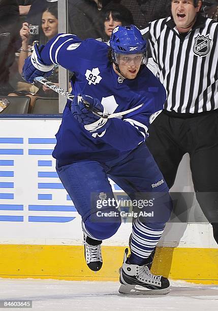 Nik Antropov of the Toronto Maple Leafs skates against the Pittsburgh Penguins on January 31, 2009 at the Air Canada Centre in Toronto, Ontario,...