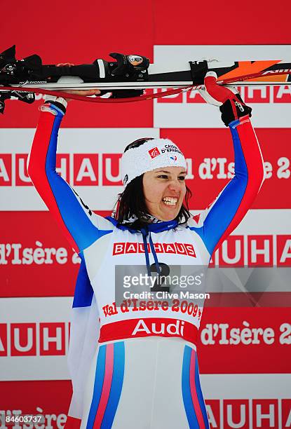 Marie Marchand-Arvier of France celebrates as she finishes second while competing during the Women's Super G event held on the Face de Solaise course...