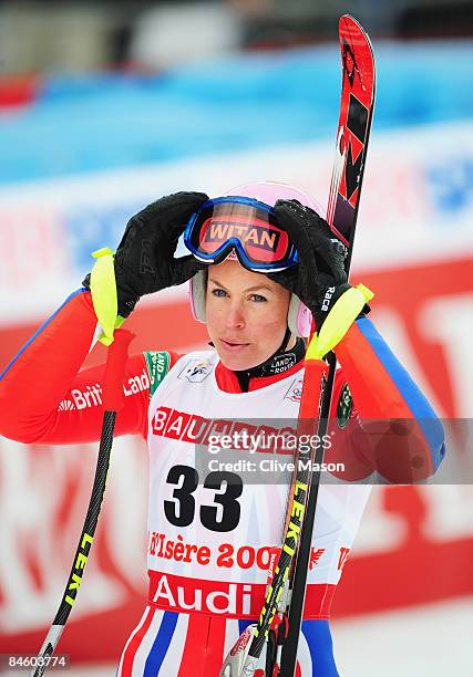 Chemmy Alcott of Great Britain is seen in the finish line area after she competes during the Women's Super G event held on the Face de Solaise course...