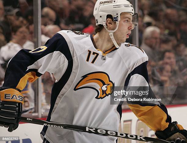 Marc-Andre Gragnani of the Buffalo Sabres skates on the ice against the Anaheim Ducks during the game on February 02, 2009 at Honda Center in...