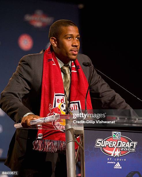 First-round draft pick Jeremy Hall of the New York Red Bulls addresses the audience during the 2009 MLS Super Draft at the St. Louis Convention...