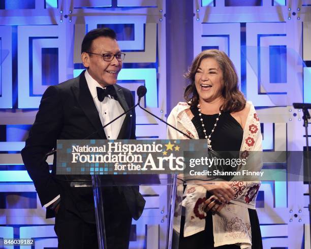 Felix Sanchez and Representative Loretta Sanchez onstage at the National Hispanic Foundation for the Arts 2017 Noche de Gala at The Mayflower Hotel...