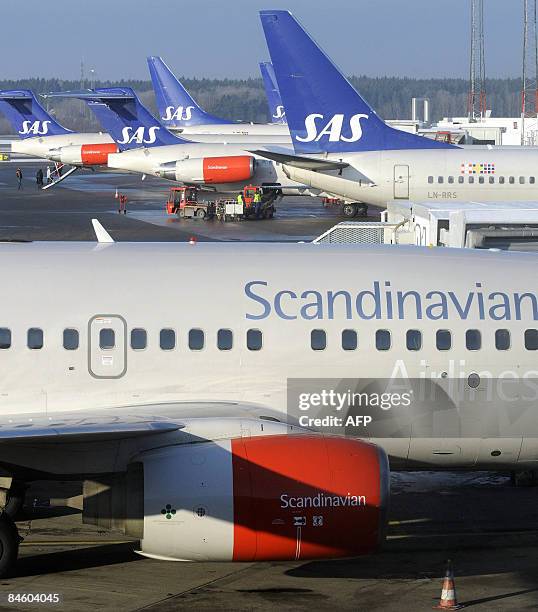 An SAS MD-80 and Boeing 737 aircrafts are parked at the gates at terminal 4 at Arlanda airport, north of Stockholm, on February 3, 2009. Scandinavian...