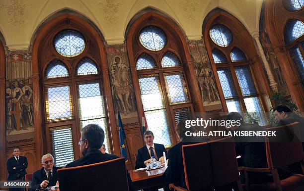 Hungarian Prime Minister Ferenc Gyurcsany welcomes members of a new crisis prevention management centre in the Nandorfehervari hall of the parliament...