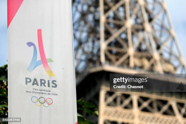 The logo of the Paris candidacy for the 2024 Olympic Games is seen in front of the Eiffel tower on September 12, 2017 in Paris, France. For the first...