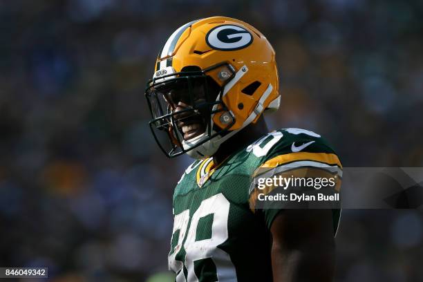 Ty Montgomery of the Green Bay Packers stands on the field during a timeout in the first quarter against the Seattle Seahawks at Lambeau Field on...