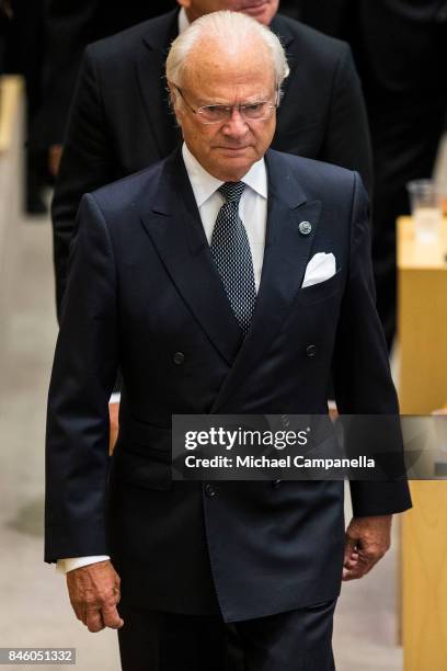 King Carl XVI Gustaf of Sweden attends the opening of the Parliamentary session on September 12, 2017 in Stockholm, Sweden.