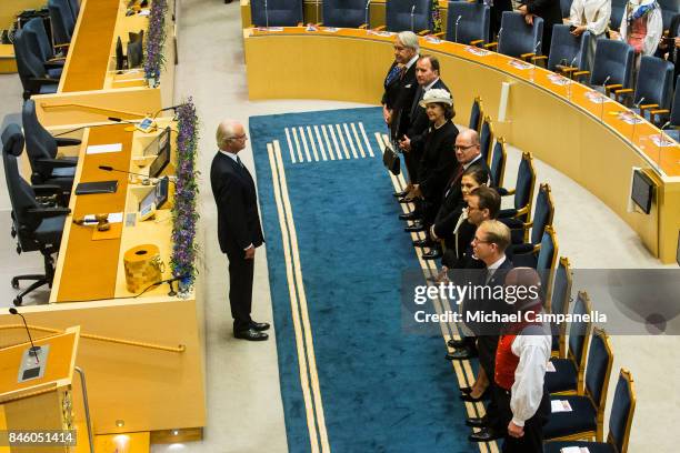 King Carl XVI Gustaf of Sweden leads the opening of the Parliamentary session on September 12, 2017 in Stockholm, Sweden.