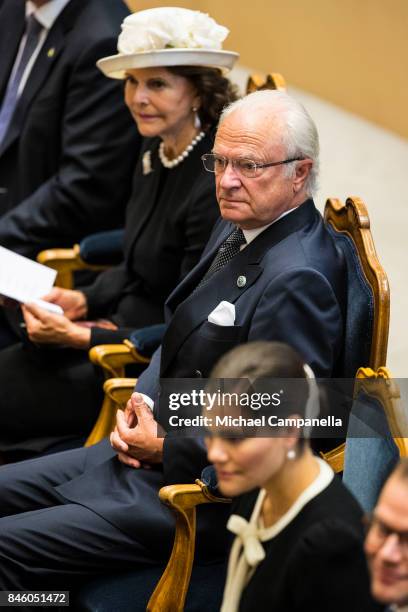 King Carl XVI Gustaf of Sweden attends the opening of the Parliamentary session on September 12, 2017 in Stockholm, Sweden.