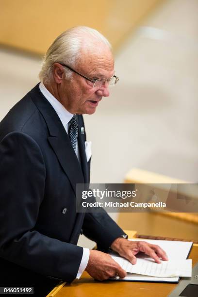 King Carl XVI Gustaf of Sweden attends the opening of the Parliamentary session on September 12, 2017 in Stockholm, Sweden.