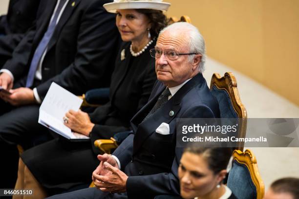 King Carl XVI Gustaf of Sweden attends the opening of the Parliamentary session on September 12, 2017 in Stockholm, Sweden.