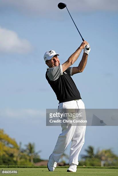 Gary Player of South Africa plays a shot during the Wednesday Pro-Am at the Mitsubishi Electric Championship at Hualalai held at Hualalai Golf Club...
