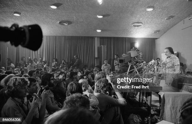 Addressing newsmen from most parts of the globe, Mrs. Golda Meir, Israeli Prime Minister, predicts an Israeli victory in the current Middle East War...