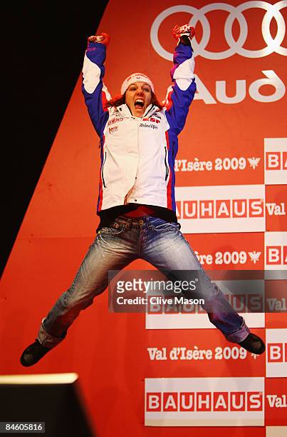 Marie Marchand-Arvier of France celebrates on the podium after she finishes second while competing during the Women's Super G event held on the Face...
