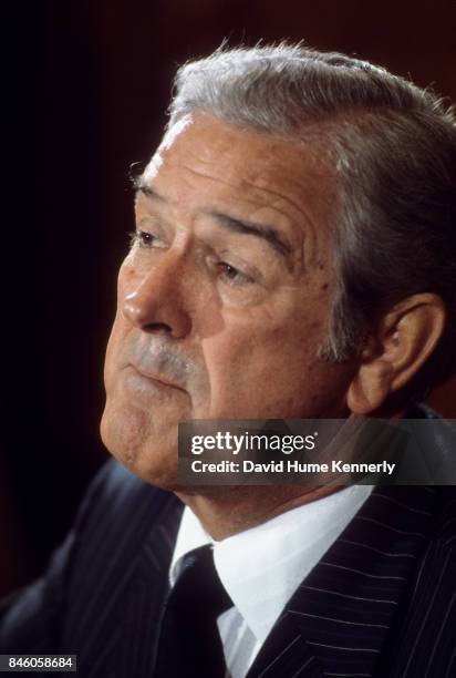 American politician John Connally speaks during a press conference at the Mayflower Hotel, Washington DC, September 10, 1973.