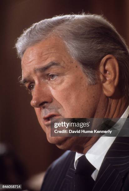 American politician John Connally speaks during a press conference at the Mayflower Hotel, Washington DC, September 10, 1973.