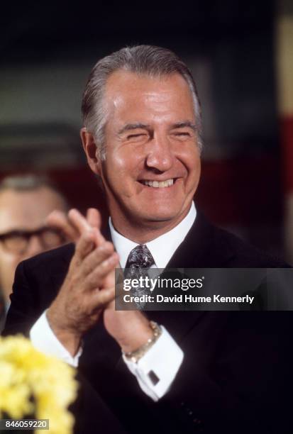 American politician US Vice President Spiro Agnew applauds during a campaign rally, St Charles, Illinois, September 9, 1973.