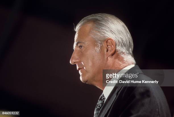 American politician US Vice President Spiro Agnew speaks during a campaign rally, St Charles, Illinois, September 9, 1973.