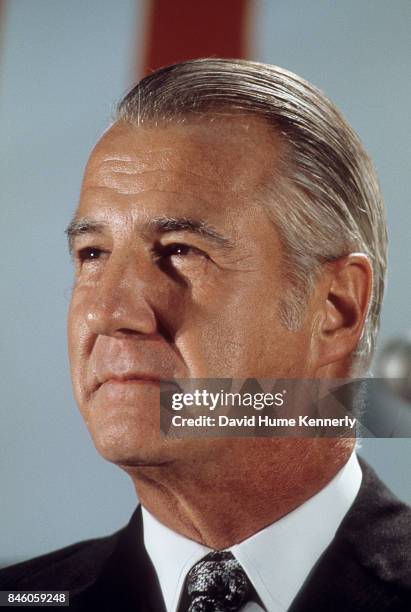 American politician US Vice President Spiro Agnew speaks during a campaign rally, St Charles, Illinois, September 9, 1973.