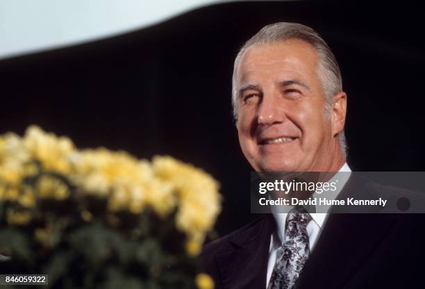 American politician US Vice President Spiro Agnew smiles during a campaign rally, St Charles, Illinois, September 9, 1973.