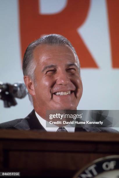 American politician US Vice President Spiro Agnew smiles during a campaign rally, St Charles, Illinois, September 9, 1973.