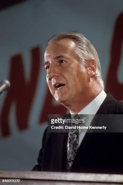 American politician US Vice President Spiro Agnew speaks during a campaign rally, St Charles, Illinois, September 9, 1973.