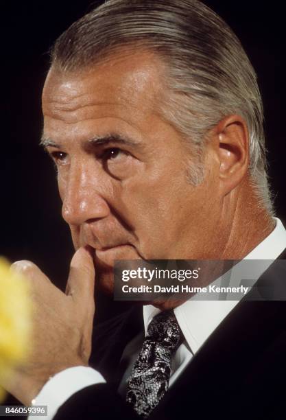 American politician US Vice President Spiro Agnew speaks during a campaign rally, St Charles, Illinois, September 9, 1973.