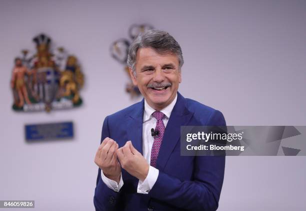 Ralf Speth, chief executive officer of Jaguar Land Rover Plc, a unit of Tata Motors Ltd., gestures as he speaks on stage during the first media...