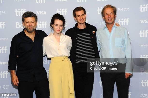 Direrctor Andy Serkis, actors Claire Foy, Andrew Garfield and producer Jonathan Cavendish attend "Breathe" press conference during 2017 Toronto...