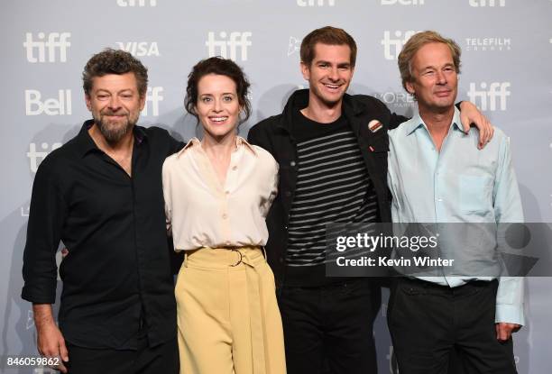 Direrctor Andy Serkis, actors Claire Foy, Andrew Garfield and producer Jonathan Cavendish attend "Breathe" press conference during 2017 Toronto...