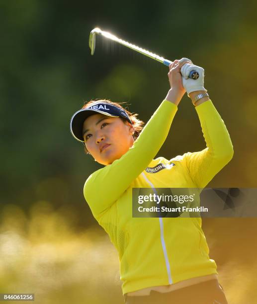 So Yeon Ryu of South Korea plays a shot during practice prior to the start of The Evian Championship at Evian Resort Golf Club on September 12, 2017...
