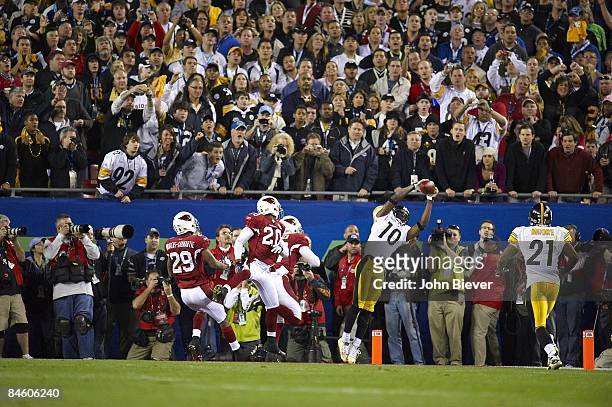Super Bowl XLIII: Pittsburgh Steelers Santonio Holmes in action, making game winning catch of touchdown pass from Ben Roethlisberger vs Arizona...