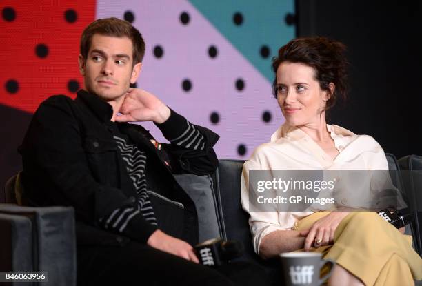 Actors Andrew Garfield and Claire Foy speak onstage at "Breathe" press conference during 2017 Toronto International Film Festival at TIFF Bell...