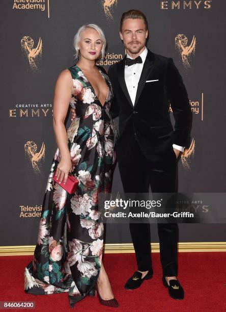 Dancers Kelsey McCowan and Derek Hough arrive at the 2017 Creative Arts Emmy Awards at Microsoft Theater on September 9, 2017 in Los Angeles,...