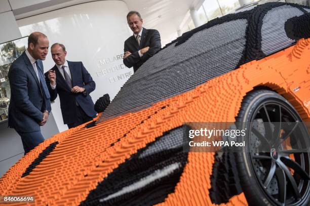 McLaren 720S made entirely out of Lego bricks is shown to Prince William, Duke of Cambridge by Mike Flewitt, CEO of McLaren Automative during a visit...