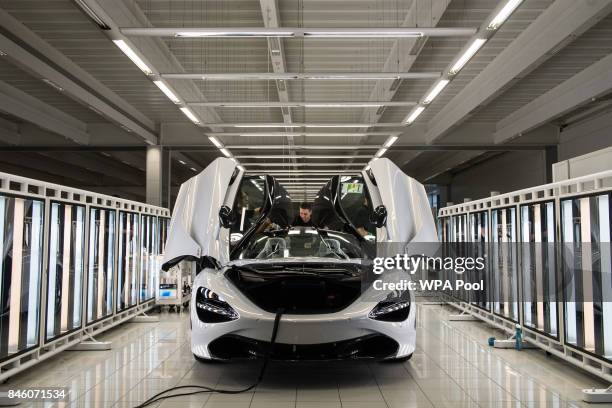 McLaren 720S is seen on a production line during Prince William, Duke of Cambridge's visit to McLaren Automotive at McLaren Technology Centre on...