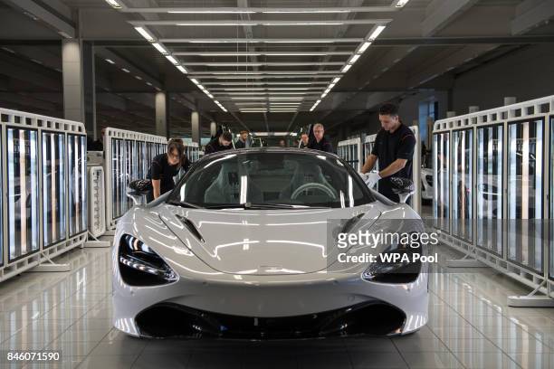 McLaren 720S is seen on a production line during Prince William, Duke of Cambridge's visit to McLaren Automotive at McLaren Technology Centre on...