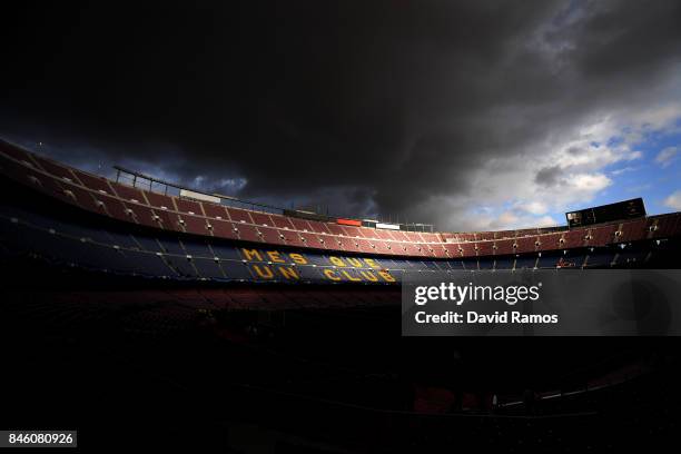 General view of the Camp Nou ahead of the UEFA Champions League Group D match between FC Barcelona and Juventus at Camp Nou on September 12, 2017 in...