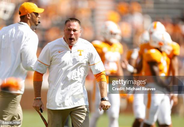 Head coach Butch Jones of the Tennessee Volunteers looks on prior to the game against the Indiana State Sycamores at Neyland Stadium on September 9,...