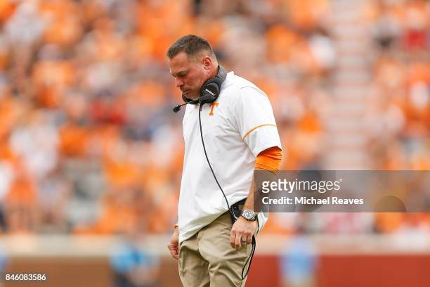 Head coach Butch Jones of the Tennessee Volunteers reacts during the game against the Indiana State Sycamores at Neyland Stadium on September 9, 2017...