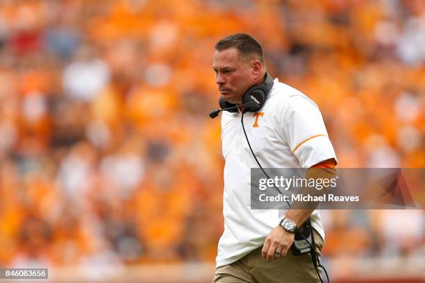 Head coach Butch Jones of the Tennessee Volunteers reacts during the game against the Indiana State Sycamores at Neyland Stadium on September 9, 2017...