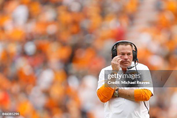 Head coach Butch Jones of the Tennessee Volunteers reacts during the game against the Indiana State Sycamores at Neyland Stadium on September 9, 2017...