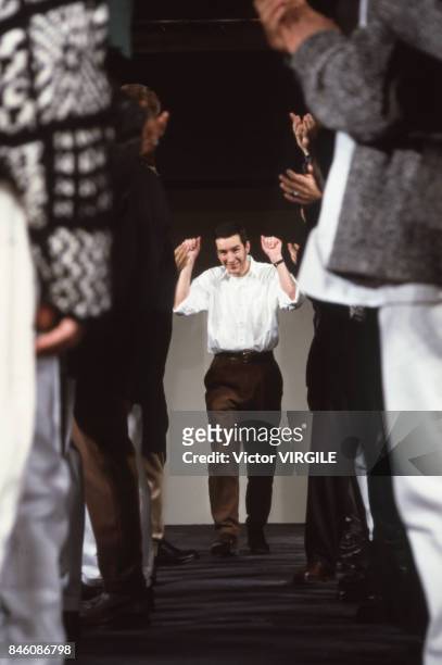 Dries Van Noten walks the runway during the Dries Van Noten Menswear Fall/Winter 1992-1993 show as part of Paris Fashion Week on January, 1992 in...