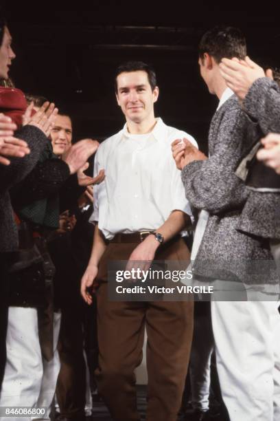 Dries Van Noten walks the runway during the Dries Van Noten Menswear Fall/Winter 1992-1993 show as part of Paris Fashion Week on January, 1992 in...