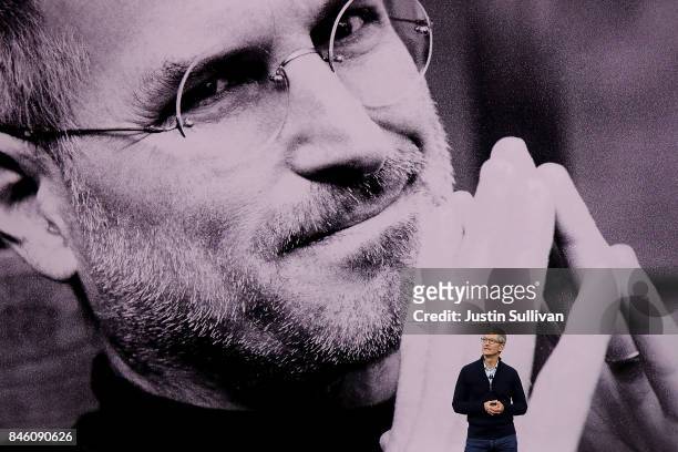 Apple CEO Tim Cook speaks during an Apple special event at the Steve Jobs Theatre on the Apple Park campus on September 12, 2017 in Cupertino,...