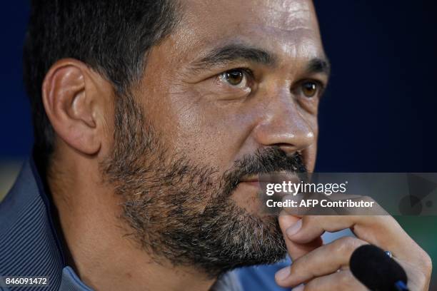 Porto's coach from Portugal Sergio Conceicao looks on during a press conference at the Dragao stadium in Porto, on September 12, 2017 on the eve of...