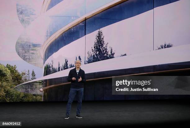 Apple CEO Tim Cook speaks during an Apple special event at the Steve Jobs Theatre on the Apple Park campus on September 12, 2017 in Cupertino,...