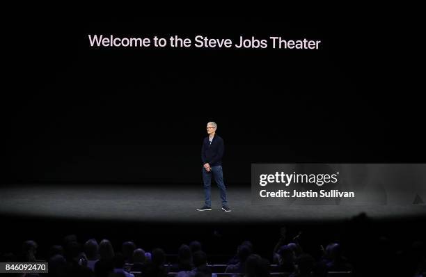 Apple CEO Tim Cook speaks during an Apple special event at the Steve Jobs Theatre on the Apple Park campus on September 12, 2017 in Cupertino,...