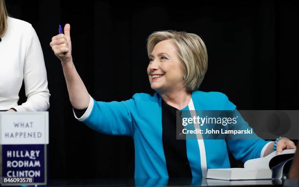 Former US Secretary of State, Hillary Clinton signs copies of her book, "What Happened" at Barnes & Noble Union Square on September 12, 2017 in New...