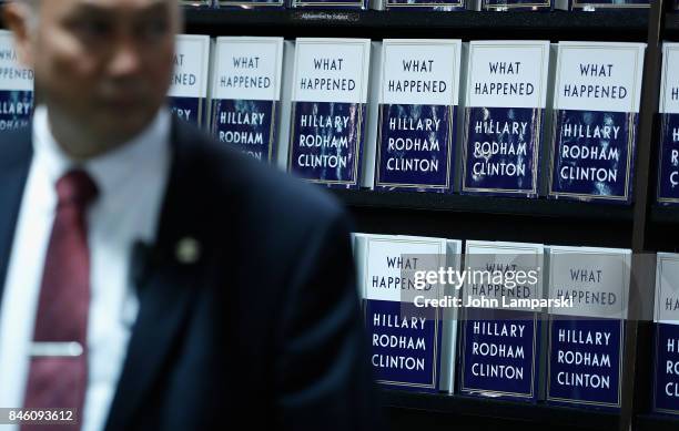 Book display is seen as former US Secretary of State, Hillary Clinton signs copies of her book, "What Happened" at Barnes & Noble Union Square on...